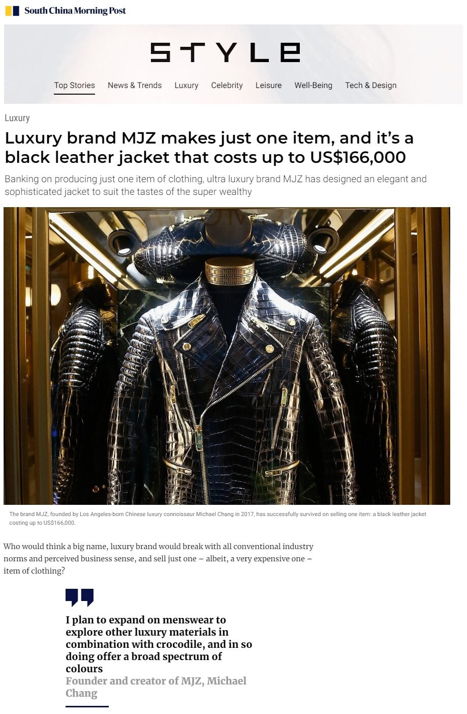 Luxury brand MJZ makes just one item, and it's a black leather jacket that  costs up to US$166,000